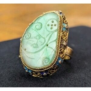 Vintage Chinese Carved Jade Vermeil Ring Blue Purple Enamel Flower Setting Rare